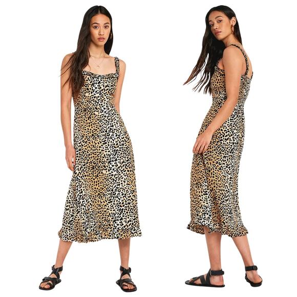 Faithfull the Brand Dress Womens Size 4 Tan Black Noemie Midi Leopard Print Slip - Picture 1 of 15